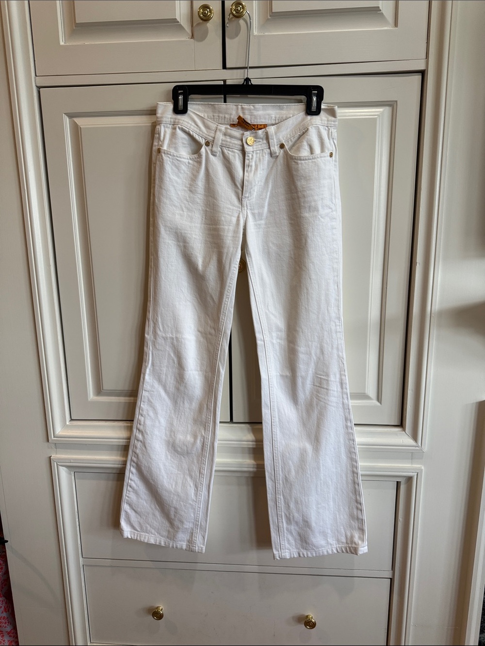 Tory Burch White Flare Jeans with Gold Button